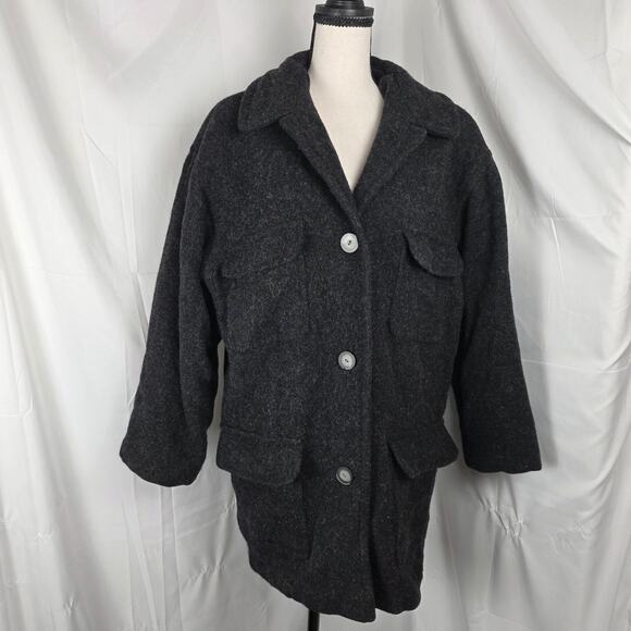 Vintage Eddie Bauer Women Large Tall Wool Blend Charcoal Button Coat Made in USA - Picture 2 of 10